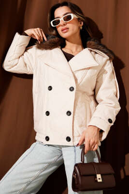 Yaka Kürklü Kapitone Mont Taş - Thumbnail