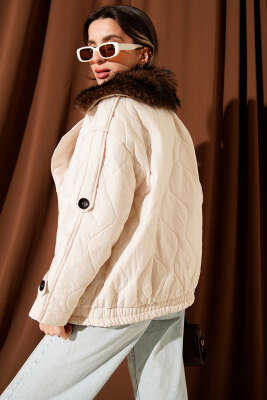 Yaka Kürklü Kapitone Mont Taş - Thumbnail