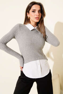 Pazarium - Yumoş Gömlek Detaylı Bluz Gri