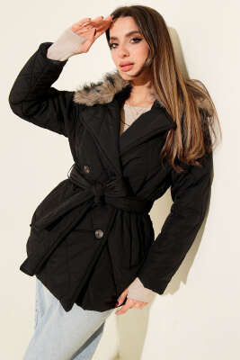 Pazarium - Yaka Kürklü Kuşaklı Baklava Desen Mont Siyah