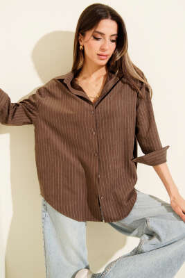 Pazarium - Süet Çizgili Gömlek Kahve