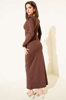 Degaje Yaka Taşlı Vatkalı Elbise Kahve - Thumbnail