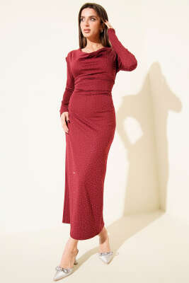 Degaje Yaka Taşlı Vatkalı Elbise Bordo - Thumbnail