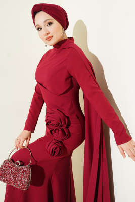 Gül Detaylı Pelerinli Abiye Elbise Bordo - Thumbnail