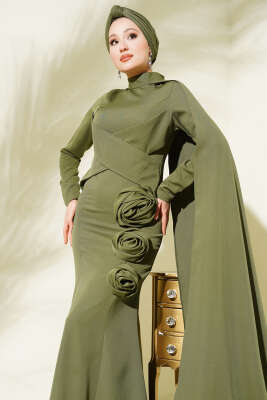 Gül Detaylı Pelerinli Abiye Elbise Haki - Thumbnail