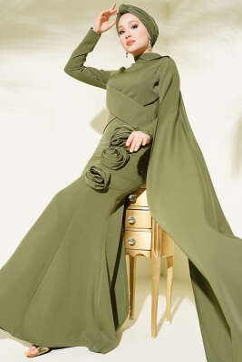 Gül Detaylı Pelerinli Abiye Elbise Haki - Thumbnail