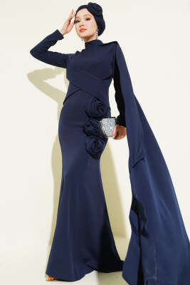 Gül Detaylı Pelerinli Abiye Elbise Lacivert - Thumbnail