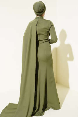 Gül Detaylı Pelerinli Abiye Elbise Haki - Thumbnail