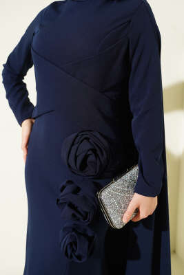 Gül Detaylı Pelerinli Abiye Elbise Lacivert - Thumbnail