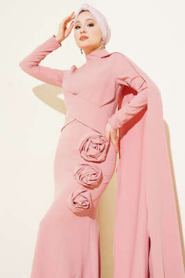 Gül Detaylı Pelerinli Abiye Elbise Pudra - Thumbnail