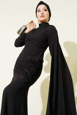 Gül Detaylı Pelerinli Abiye Elbise Siyah - Thumbnail
