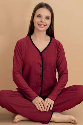 Pazarium - Bürümcük Düğmeli Pijama Takımı Bordo