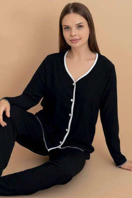 Pazarium - Bürümcük Düğmeli Pijama Takımı Siyah