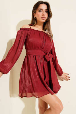 Pazarium - Kayık Yaka Transparan Şifon Mini Elbise Bordo