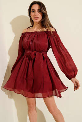 Kayık Yaka Transparan Şifon Mini Elbise Bordo - Thumbnail