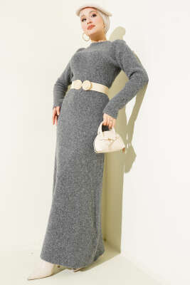 Pazarium - Bisiklet Yaka Yumoş Triko Elbise Füme