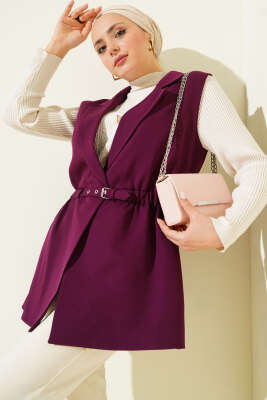 Pazarium - Kruvaze Yaka Kemerli Yelek Mor