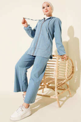 Kapüşonlu Çift Cepli Fermuarlı Kot İkili Takım Açık Mavi - Thumbnail