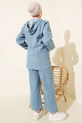 Kapüşonlu Çift Cepli Fermuarlı Kot İkili Takım Açık Mavi - Thumbnail