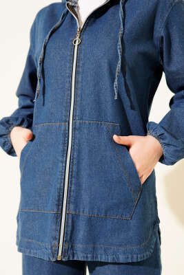 Kapüşonlu Çift Cepli Fermuarlı Kot İkili Takım Mavi - Thumbnail