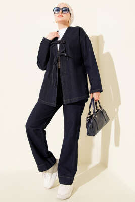 Pazarium - Önü Bağlamalı İkili Takım Kot Buz Mavi