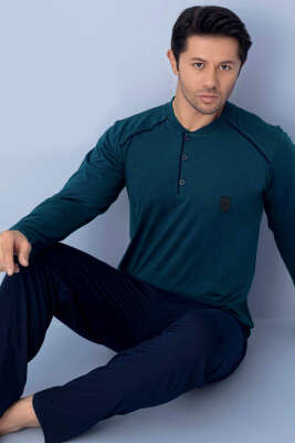 Pazarium - Yaka Düğmeli Biyeli Erkek Pijama Takımı Petrol