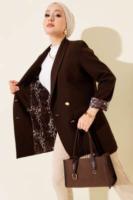 Astarı Leoparlı Kruvaze Ceket Acı Kahve - Thumbnail