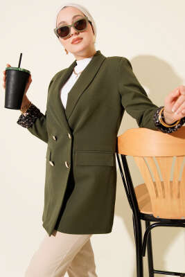 Astarı Leoparlı Kruvaze Ceket Haki - Thumbnail