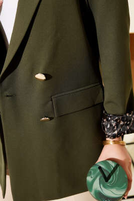 Astarı Leoparlı Kruvaze Ceket Haki - Thumbnail