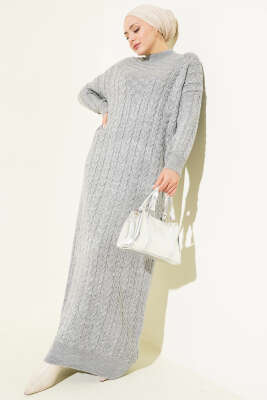 Pazarium - Saç Örgü Kabartmalı Triko Elbise Gri