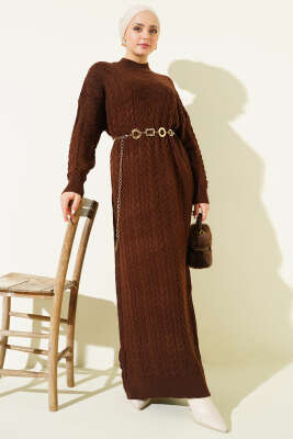 Pazarium - Saç Örgü Kabartmalı Triko Elbise Kahve