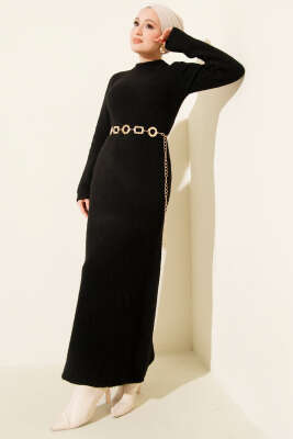 Pazarium - Bisiklet Yaka Yumoş Triko Elbise Siyah