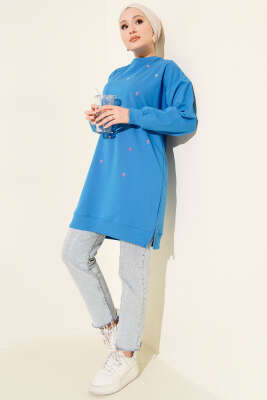 Pazarium - Minik Kalp Nakışlı Tunik Mavi