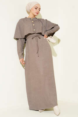 Pazarium - Pelerinli İp Bağcıklı Elbise Vizon