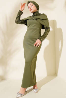 Önü Büzgülü Pul Payet Abiye Elbise Haki - Thumbnail