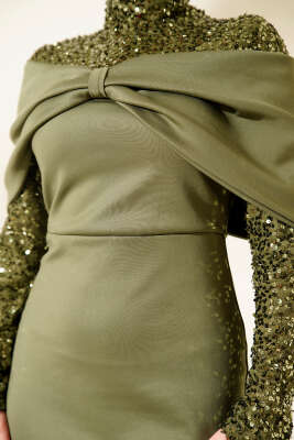 Önü Büzgülü Pul Payet Abiye Elbise Haki - Thumbnail