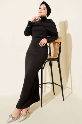 Pazarium - Önü Büzgülü Pul Payet Abiye Elbise Siyah