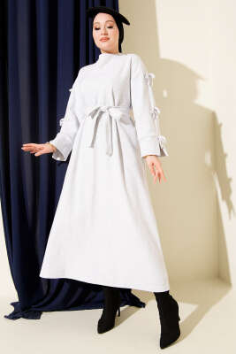 Pazarium - Kolları Fiyonk Detaylı Selanik Elbise Gri