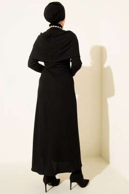 Çapraz Geçişli Fitilli Elbise Siyah - Thumbnail