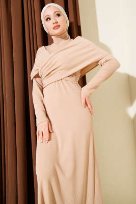 Çapraz Geçişli Fitilli Elbise Bej - Thumbnail