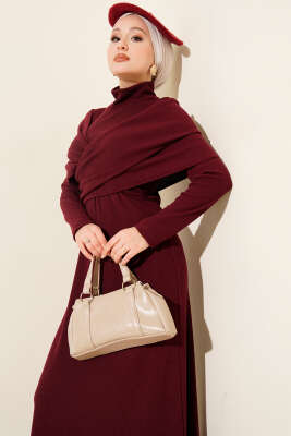 Çapraz Geçişli Fitilli Elbise Bordo - Thumbnail