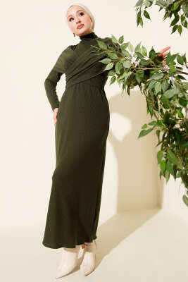 Çapraz Geçişli Fitilli Elbise Haki - Thumbnail