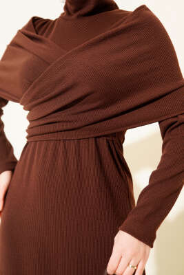Çapraz Geçişli Fitilli Elbise Kahve - Thumbnail