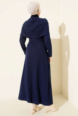 Çapraz Geçişli Fitilli Elbise Lacivert - Thumbnail