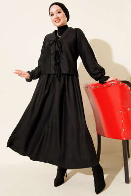 Pazarium - İp Bağlamalı Kol Lastikli İkili Takım Siyah