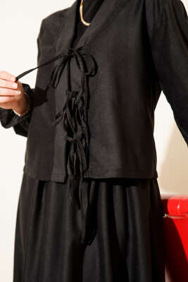 İp Bağlamalı Kol Lastikli İkili Takım Siyah - Thumbnail