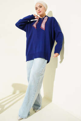 Gömlek Yaka Fularlı Triko Tunik Lacivert - Thumbnail