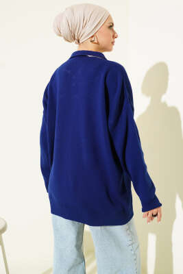 Gömlek Yaka Fularlı Triko Tunik Lacivert - Thumbnail