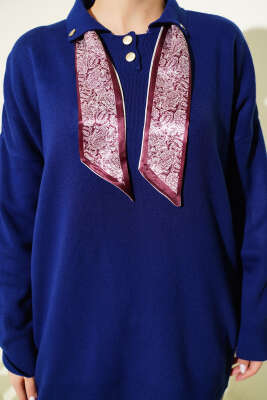 Gömlek Yaka Fularlı Triko Tunik Lacivert - Thumbnail