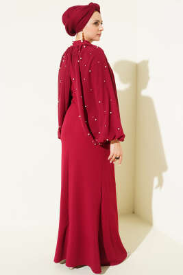 İnci Pelerinli Abiye Elbise Bordo - Thumbnail